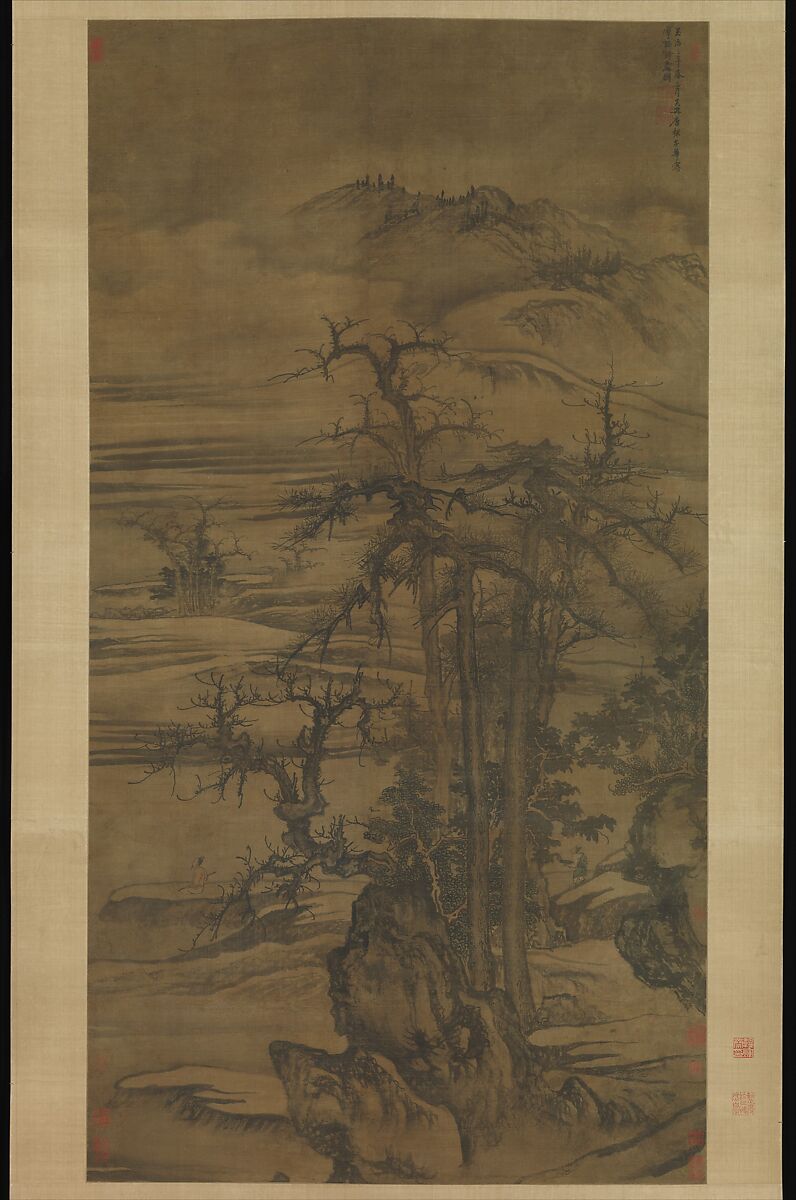 Landscape after a poem by Wang Wei, Tang Di (Chinese, ca. 1287–1355), Hanging scroll; ink and color on silk, China 