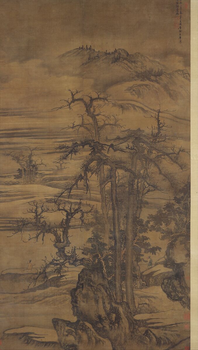 Landscape after a poem by Wang Wei, Tang Di (Chinese, ca. 1287–1355), Hanging scroll; ink and color on silk, China