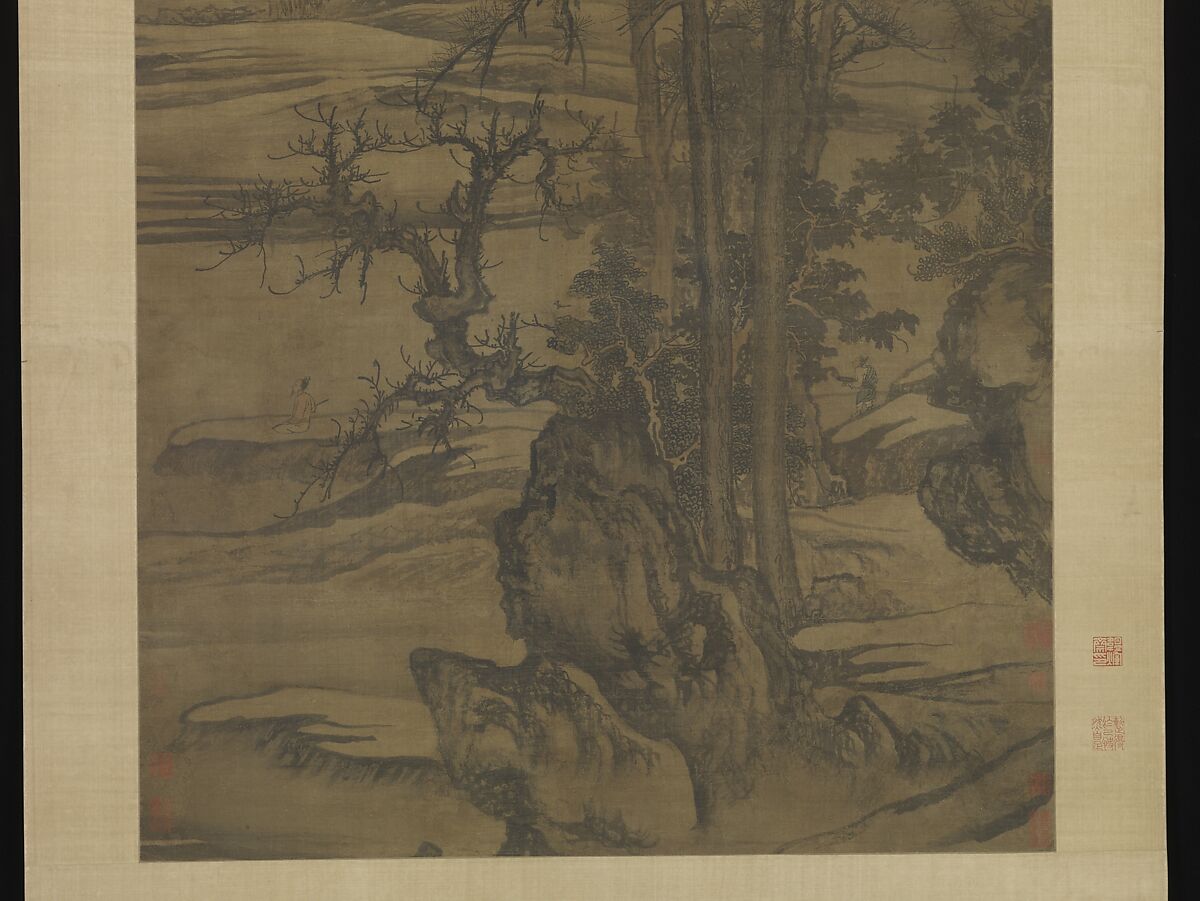 Landscape after a poem by Wang Wei, Tang Di (Chinese, ca. 1287–1355), Hanging scroll; ink and color on silk, China