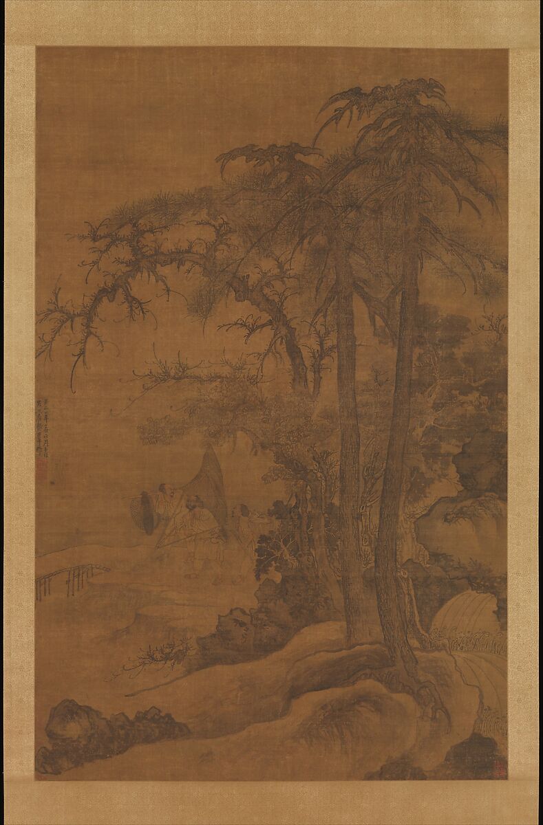 Returning Fishermen, Tang Di (Chinese, ca. 1287–1355), Hanging scroll; ink and color on silk, China 