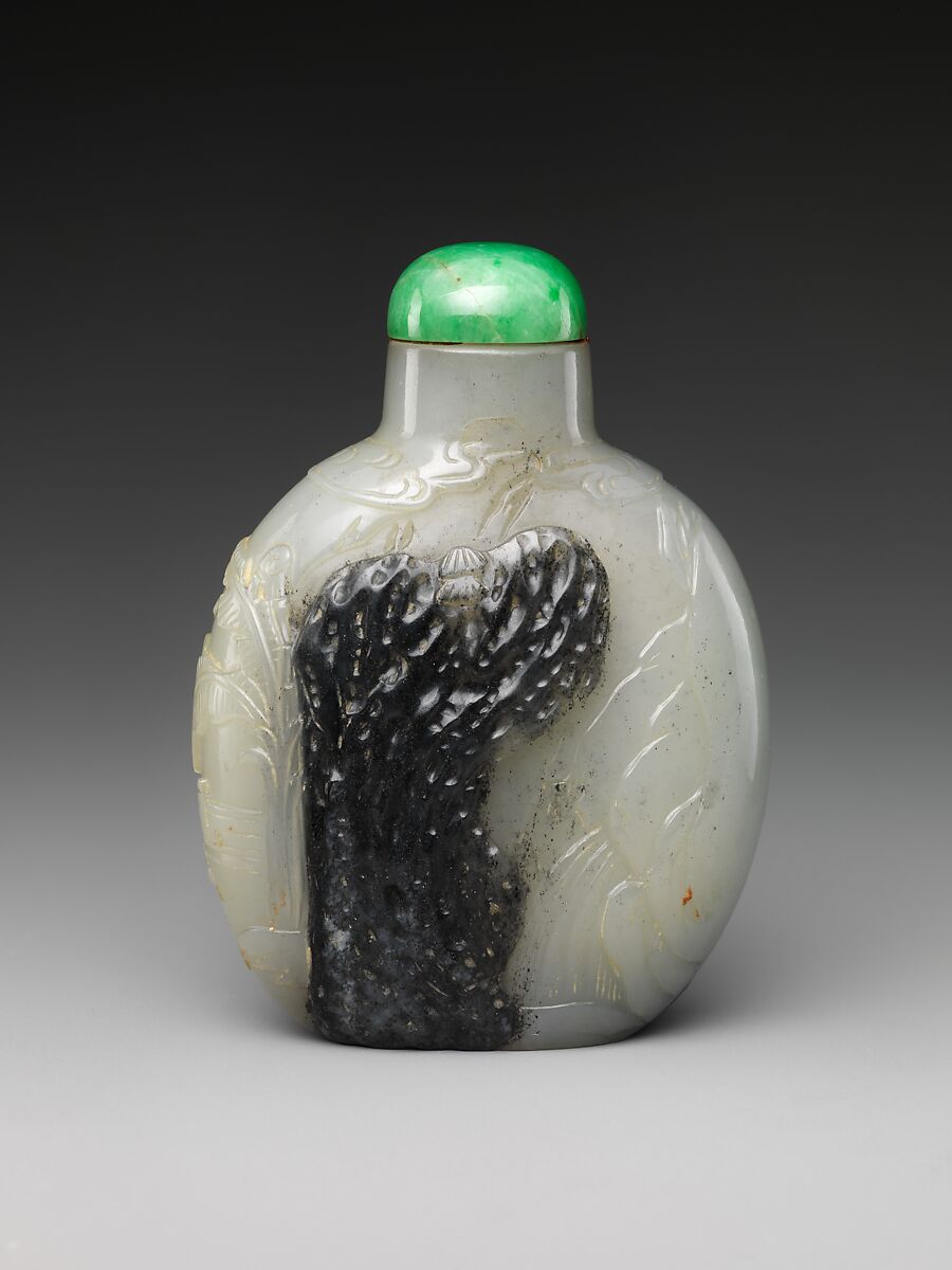 Snuff bottle with Mi Fu bowing to a rock, Jade (nephrite) with jade (jadeite) stopper, China