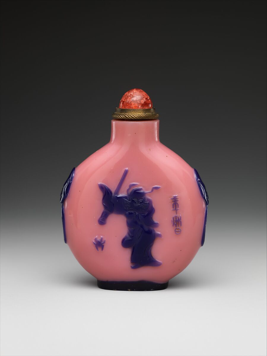 Snuff bottle with demon queller Zhong Kui, Overlay glass with coral stopper, China