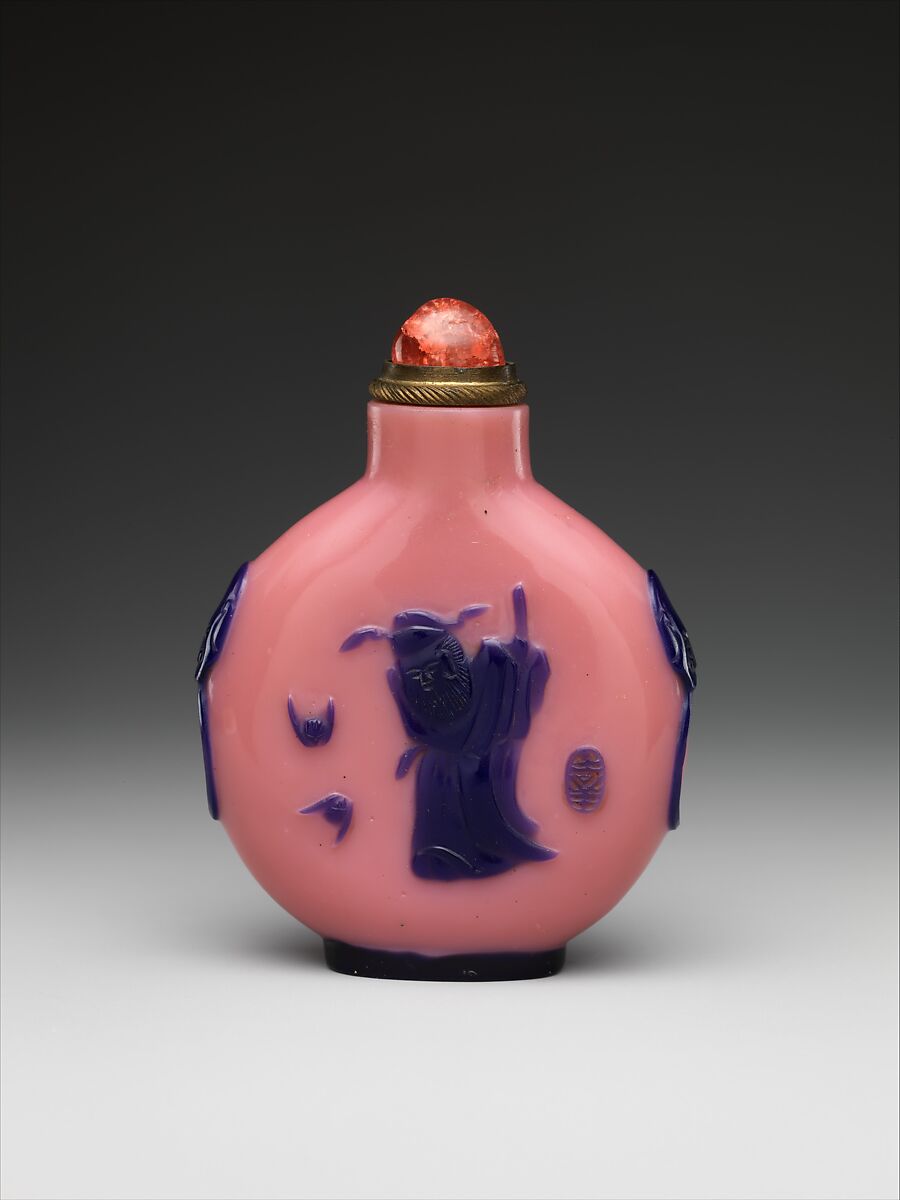 Snuff bottle with demon queller Zhong Kui, Overlay glass with coral stopper, China 