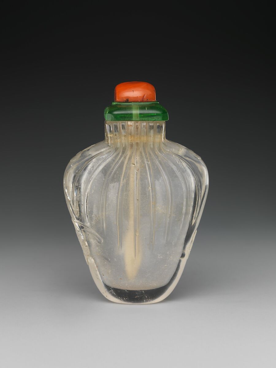 Snuff Bottle, Rock crystal with coral and glass stopper , China 
