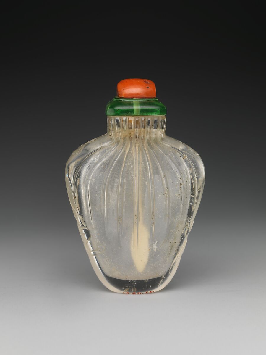 Snuff Bottle, Rock crystal with coral and glass stopper , China