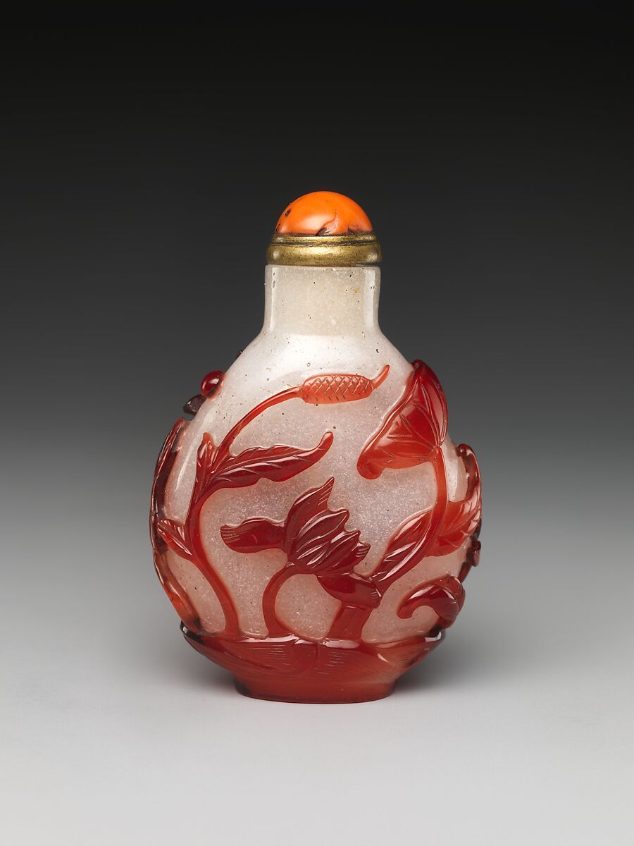 Snuff bottle with scene of a lotus pond, Overlay glass with coral stopper, China 