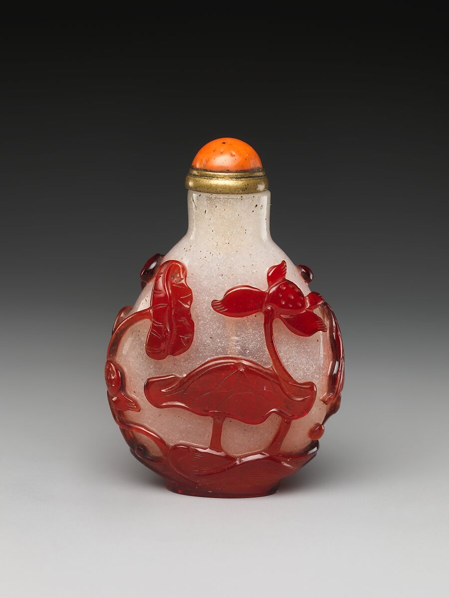 Snuff bottle with scene of a lotus pond, Overlay glass with coral stopper, China