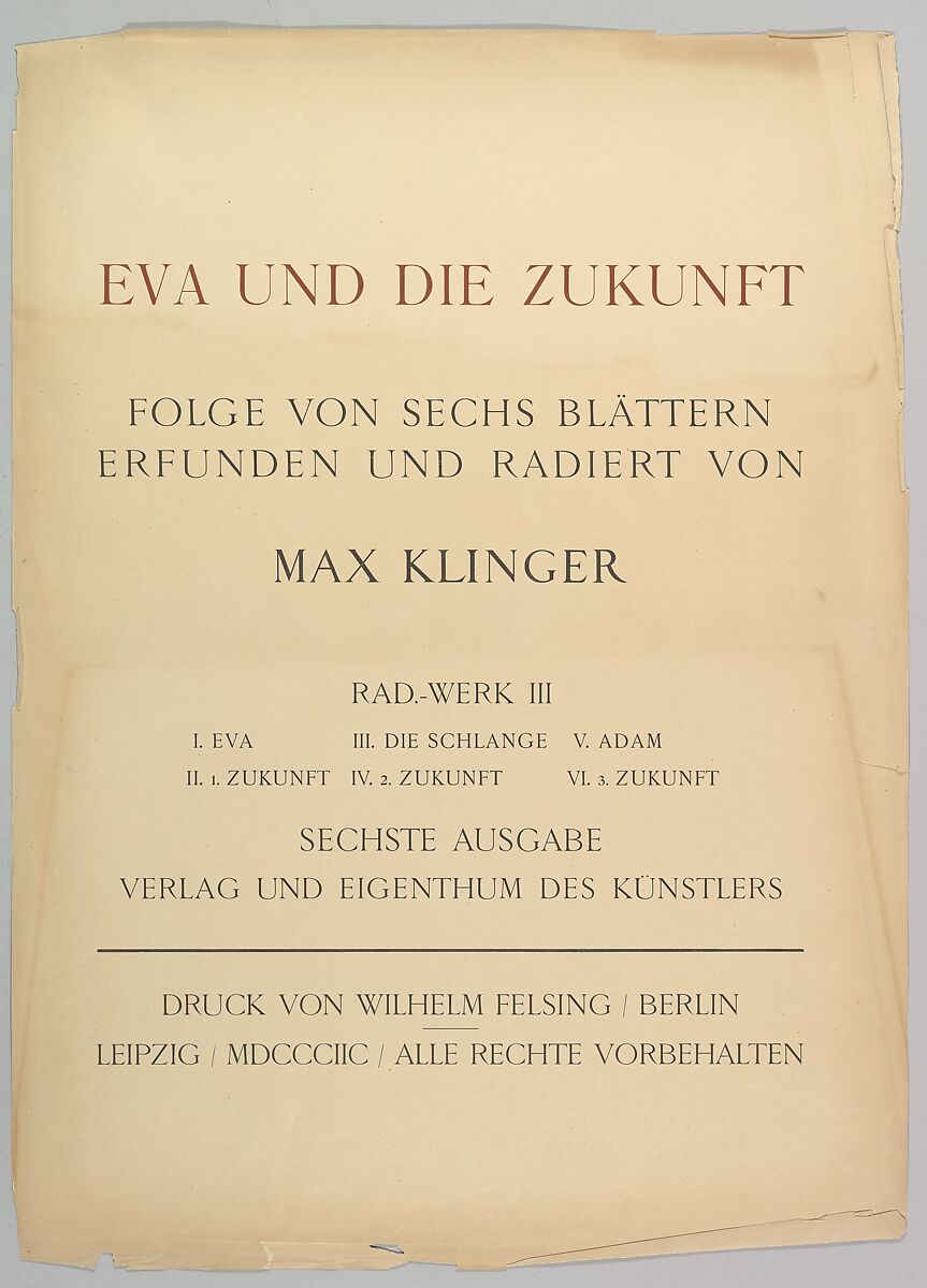 Title Page from Eva und die Zukunft (Rad.-Werk  III), Max Klinger (German, Leipzig 1857–1920 Großjena), Etching 