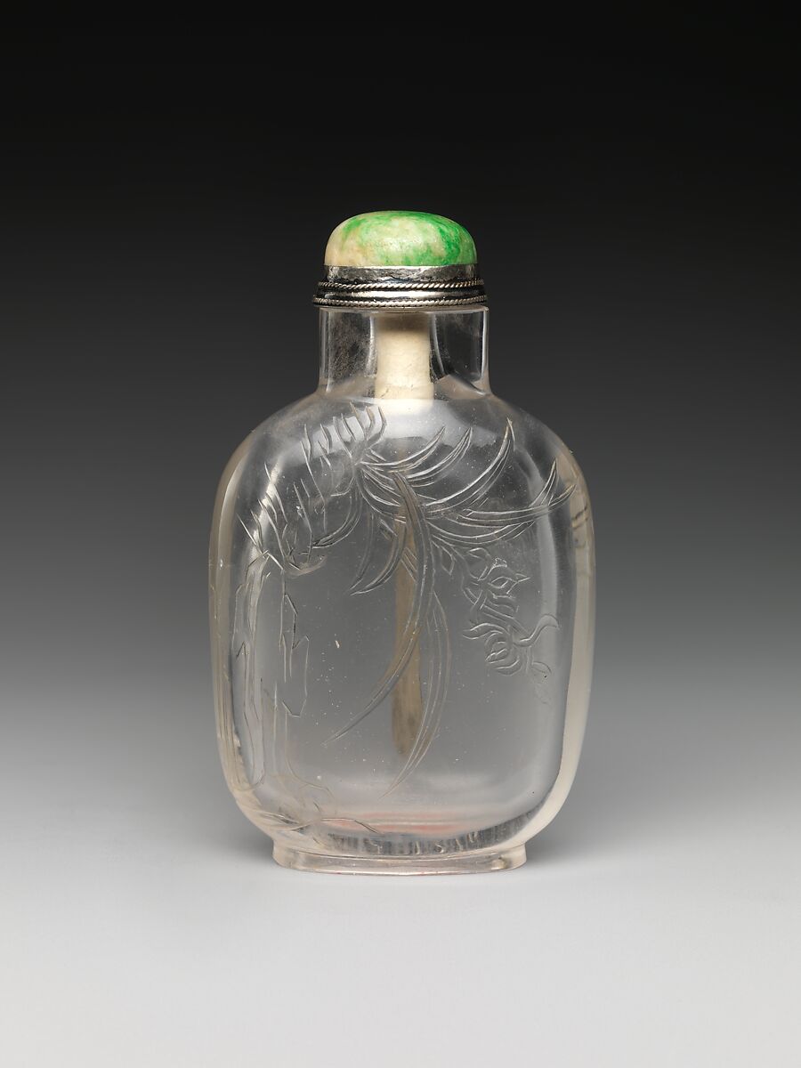 Snuff Bottle with Orchids, Rock crystal with jadeite stopper, China 