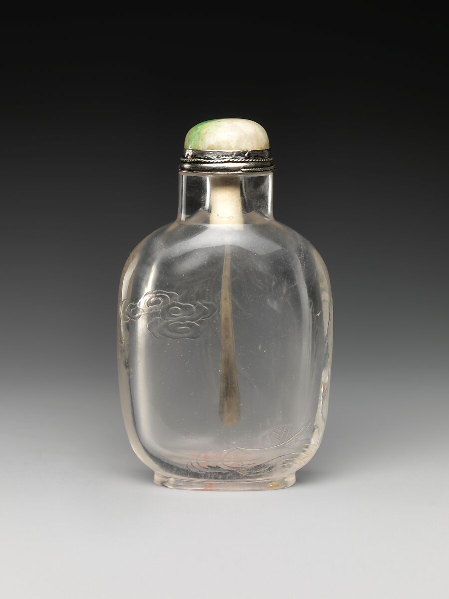 Snuff Bottle with Orchids, Rock crystal with jadeite stopper, China