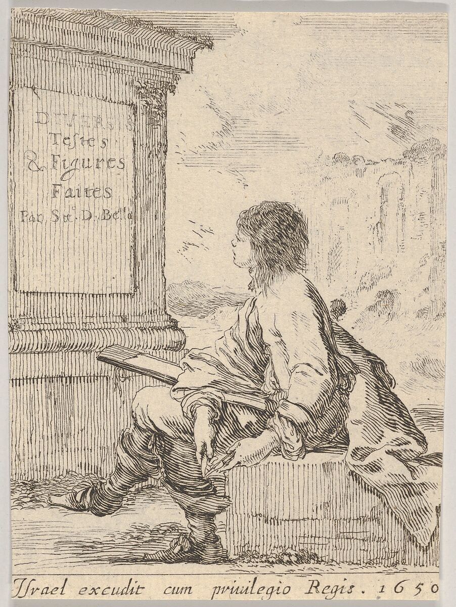 Plate 1: a young man sitting on a stone, facing left in profile, holding a drawing pad in his lap and a pen in his left hand, a pedestal with title to left and ruins to right in the background, title page from 'Various heads and figures' (Diverses têtes et figures), Stefano della Bella (Italian, Florence 1610–1664 Florence), Etching 