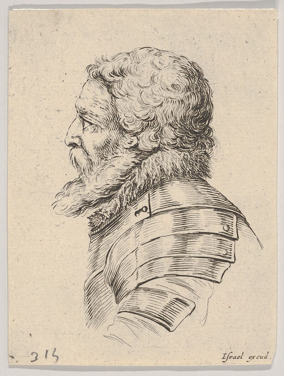 Plate 7: bust of a bearded soldier wearing armor, facing left in profile, from 'Various heads and figures' (Diverses têtes et figures), Stefano della Bella (Italian, Florence 1610–1664 Florence), Etching 