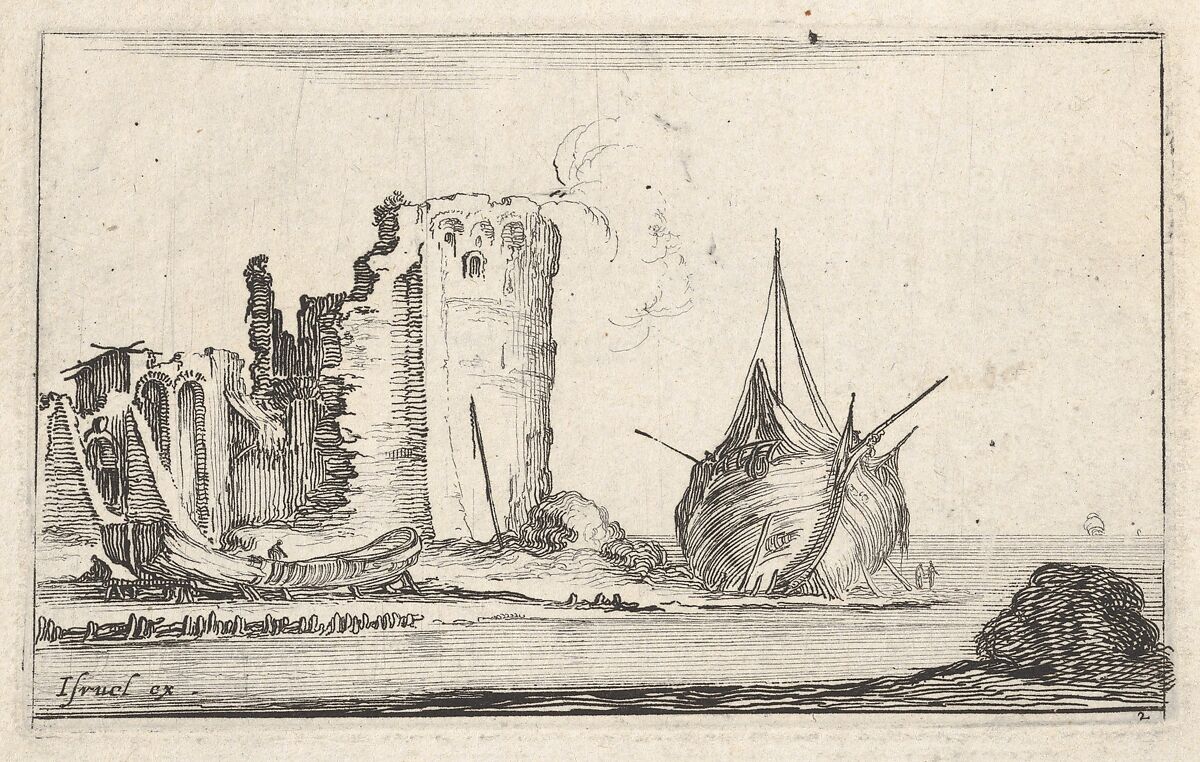 Plate 2: a ship at right and a rowboat at left, washed up on shore, a tower in ruins behind to left, from 'Caprice faict par de la Bella', Stefano della Bella (Italian, Florence 1610–1664 Florence), Etching; second state of two 