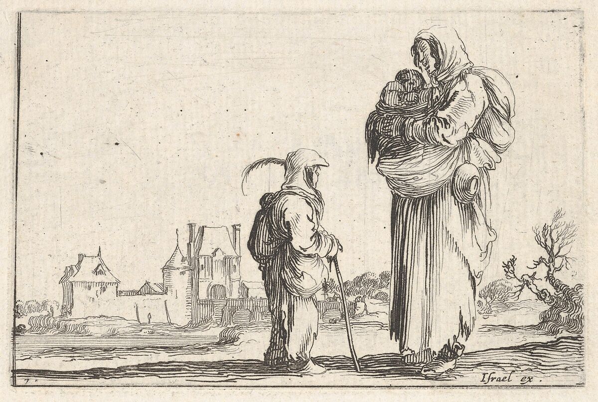 Plate 7: a peasant woman carrying a child to right, speaking to another child standing facing right in center, a castle to left in the background, from 'Caprice faict par de la Bella', Stefano della Bella (Italian, Florence 1610–1664 Florence), Etching; second state of two 