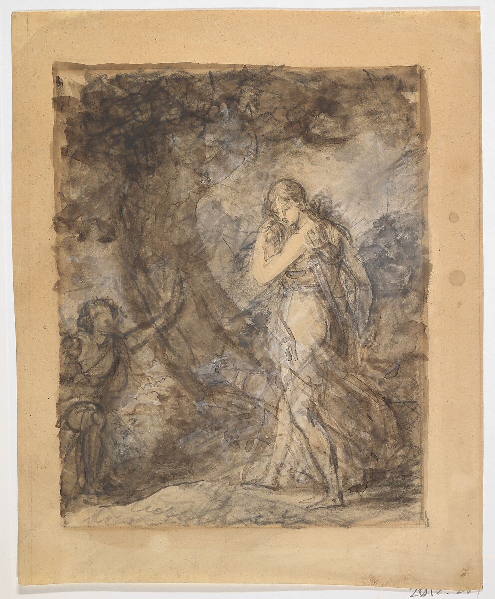 Daphnis Running toward Chloe, baron François Gérard (French, Rome 1770–1837 Paris), Black chalk, brush with brown and gray wash, heightened with white gouache, on light tan wove paper 