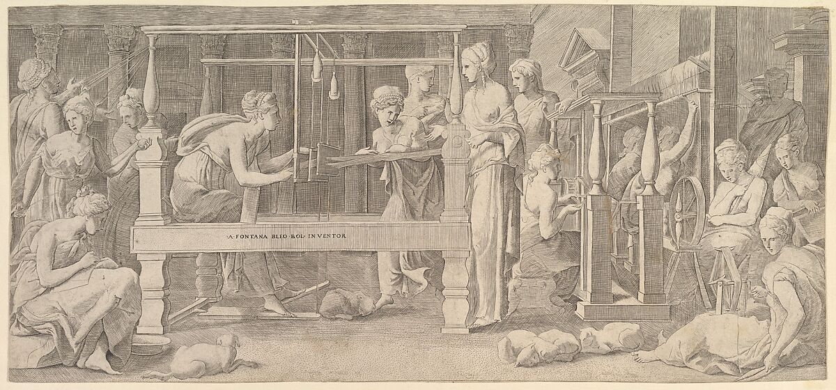 Women spinning, weaving and sewing, Master FG (Italian, active mid-16th century), Engraving 