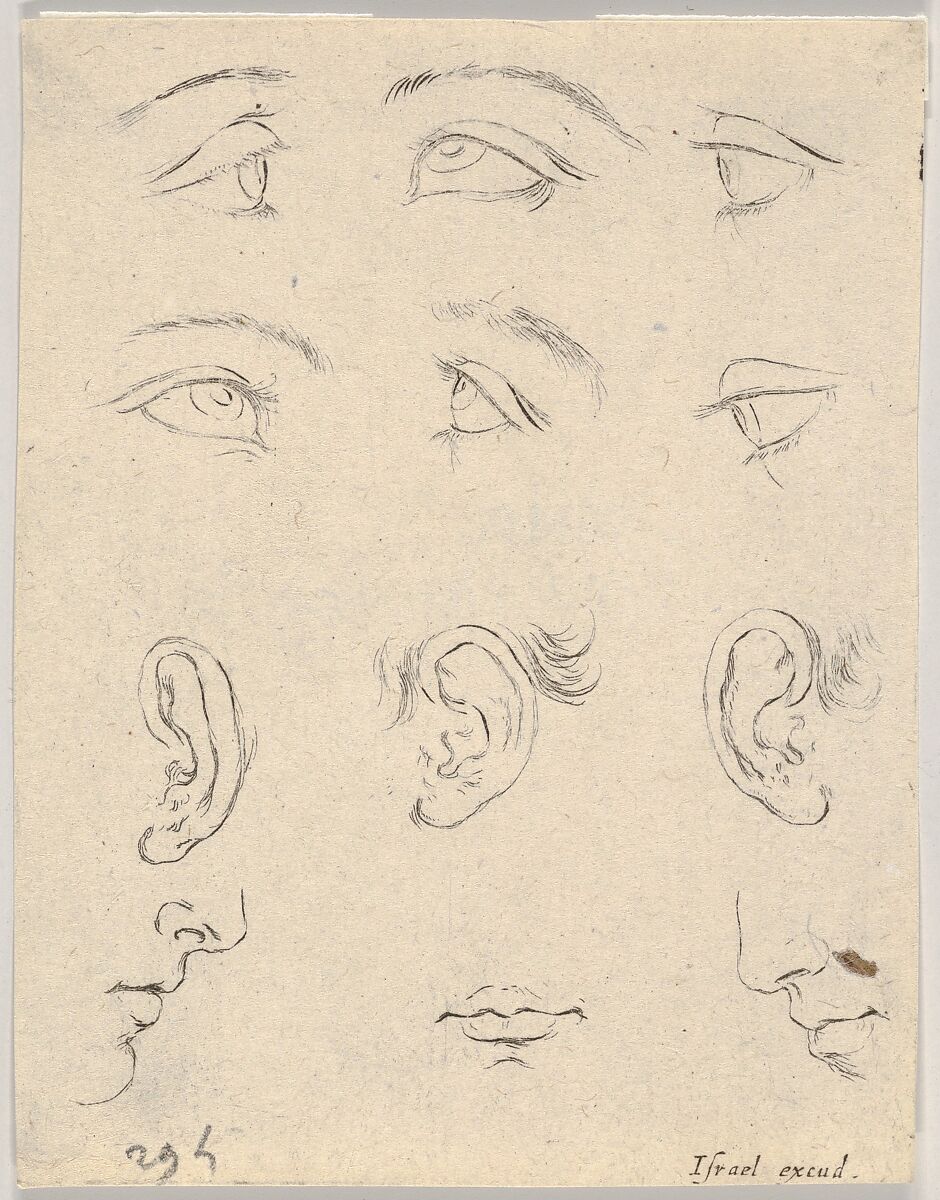 Plate 3: six eyes, three Ears, two Profiles, and a mouth, from 'The Book for Learning to Draw' (Livre pour apprendre à dessiner), Stefano della Bella (Italian, Florence 1610–1664 Florence), Etching 