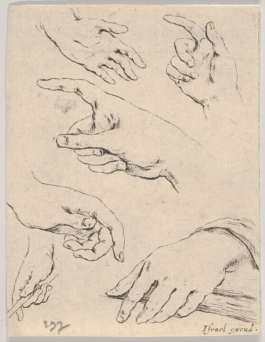 Plate 6: six hands, from 'The Book for Learning to Draw' (Livre pour apprendre à dessiner), Stefano della Bella (Italian, Florence 1610–1664 Florence), Etching 