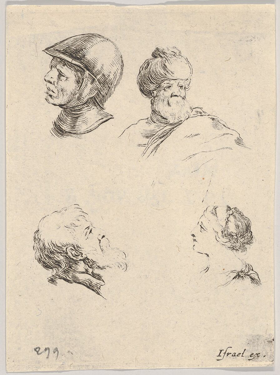 Plate 8: four small heads, a soldier at upper left, a Turk with a turban and beard at upper right, a bearded man in profile at bottom left, a young woman in profile at bottom right, from 'The Book for Learning to Draw' (Livre pour apprendre à dessiner), Stefano della Bella (Italian, Florence 1610–1664 Florence), Etching 