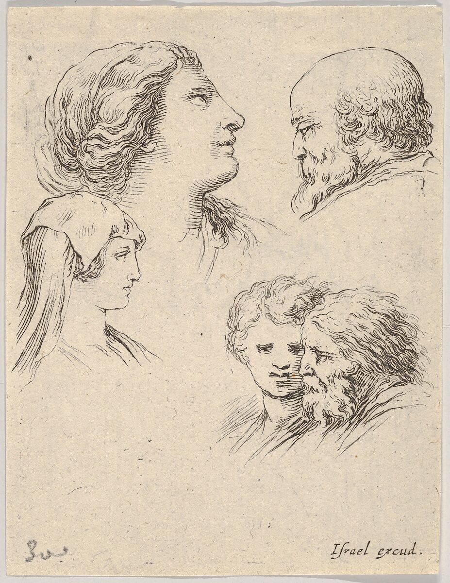 Plate 9: five heads, two young women at left, a bearded man at upper right, a young woman and a bearded man at bottom right, from 'The Book for Learning to Draw' (Livre pour apprendre à dessiner), Stefano della Bella (Italian, Florence 1610–1664 Florence), Etching 