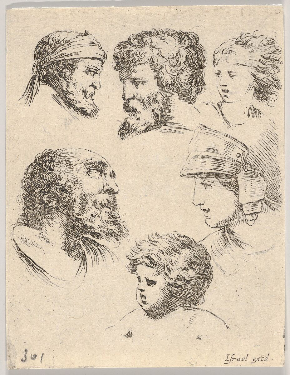 Plate 10: six heads, three bearded men, one soldier, and two children from 'The Book for Learning to Draw' (Livre pour apprendre à dessiner), Stefano della Bella (Italian, Florence 1610–1664 Florence), Etching 