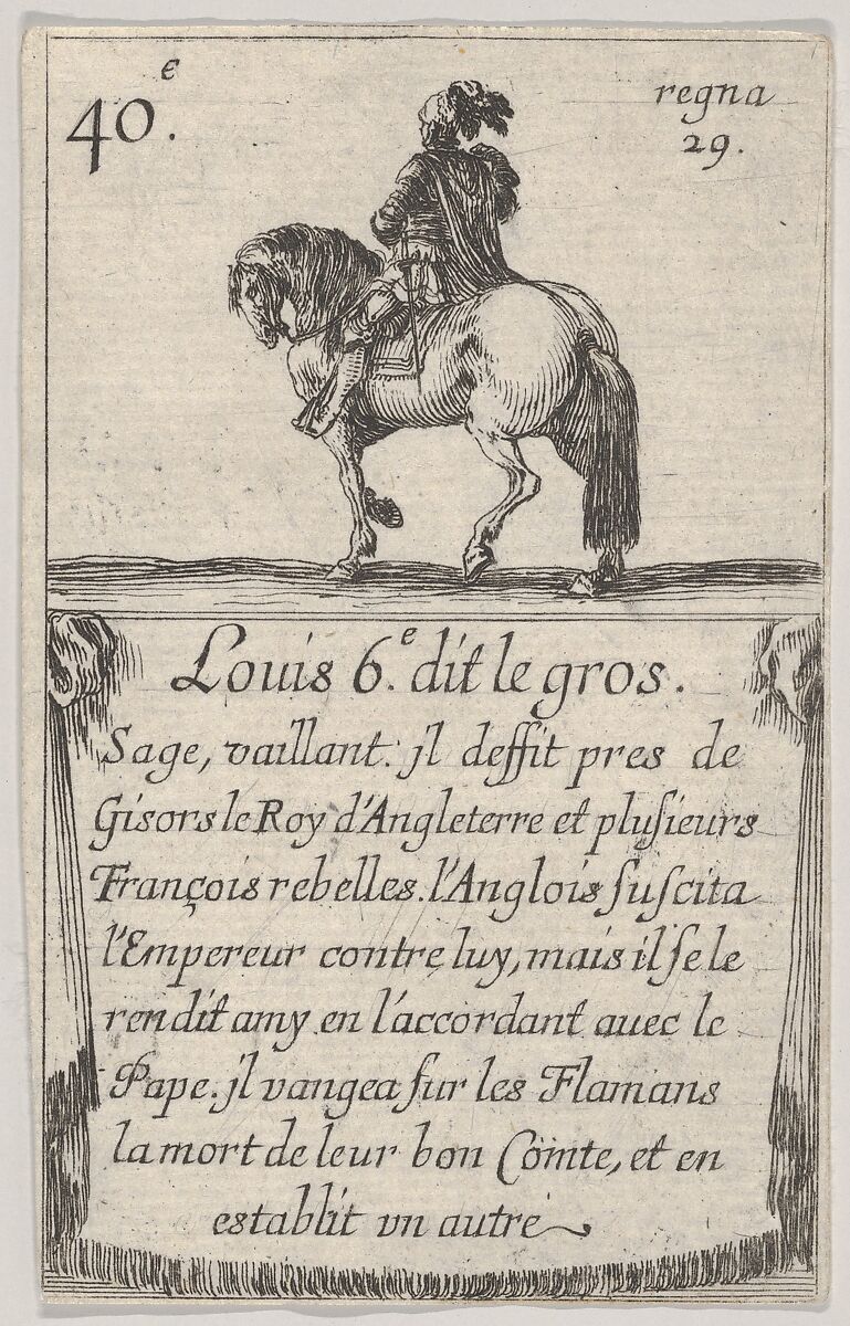 Louis 6.-e dit le gros / Sage, vaillant..., from 'Game of the Kings of France' (Jeu des Rois de France), Stefano della Bella (Italian, Florence 1610–1664 Florence), Etching 