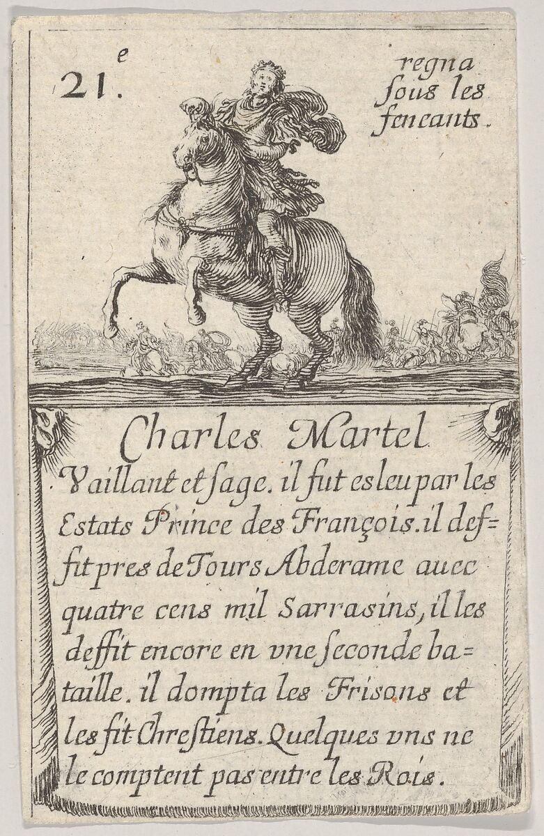 Charles Martel / Vaillant et sage..., from 'Game of the Kings of France' (Jeu des Rois de France), Stefano della Bella (Italian, Florence 1610–1664 Florence), Etching 