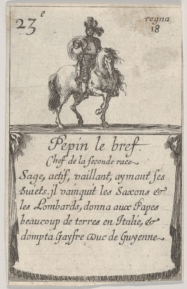 Pepin le bref / Chef de la seconde race..., from 'Game of the Kings of France' (Jeu des Rois de France), Stefano della Bella (Italian, Florence 1610–1664 Florence), Etching 
