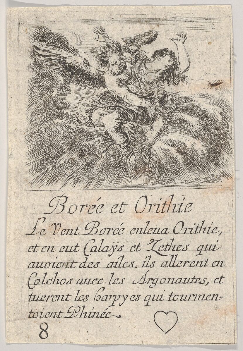 Boreas and Orithyia, from 'Game of Mythology' (Jeu de la Mythologie), Stefano della Bella (Italian, Florence 1610–1664 Florence), Etching 