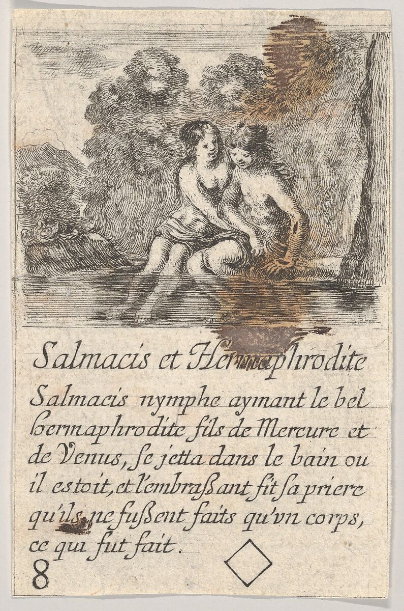 Salmacis and Hermaphrodite, from 'Game of Mythology' (Jeu de la Mythologie), Stefano della Bella (Italian, Florence 1610–1664 Florence), Etching 