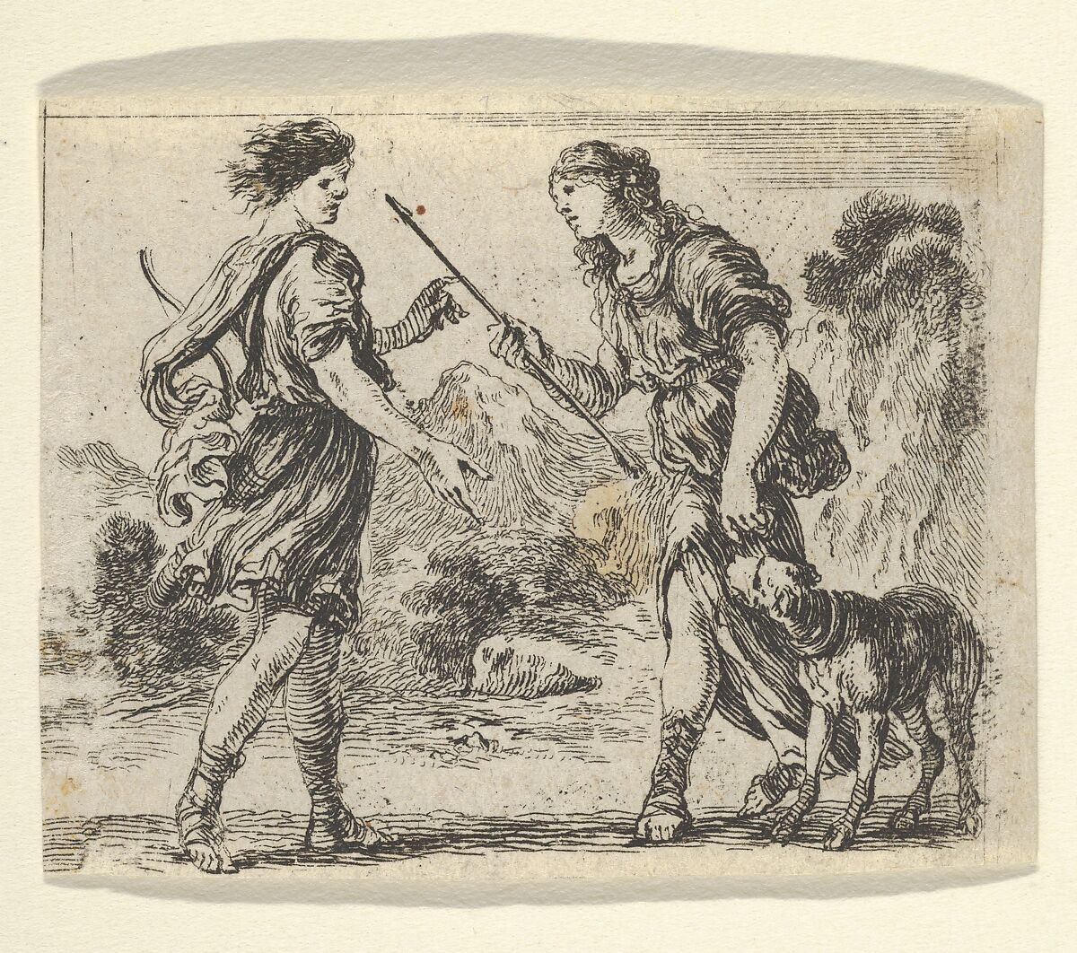 Cephalus and Procris, from 'Game of Mythology' (Jeu de la Mythologie), Stefano della Bella (Italian, Florence 1610–1664 Florence), Etching 
