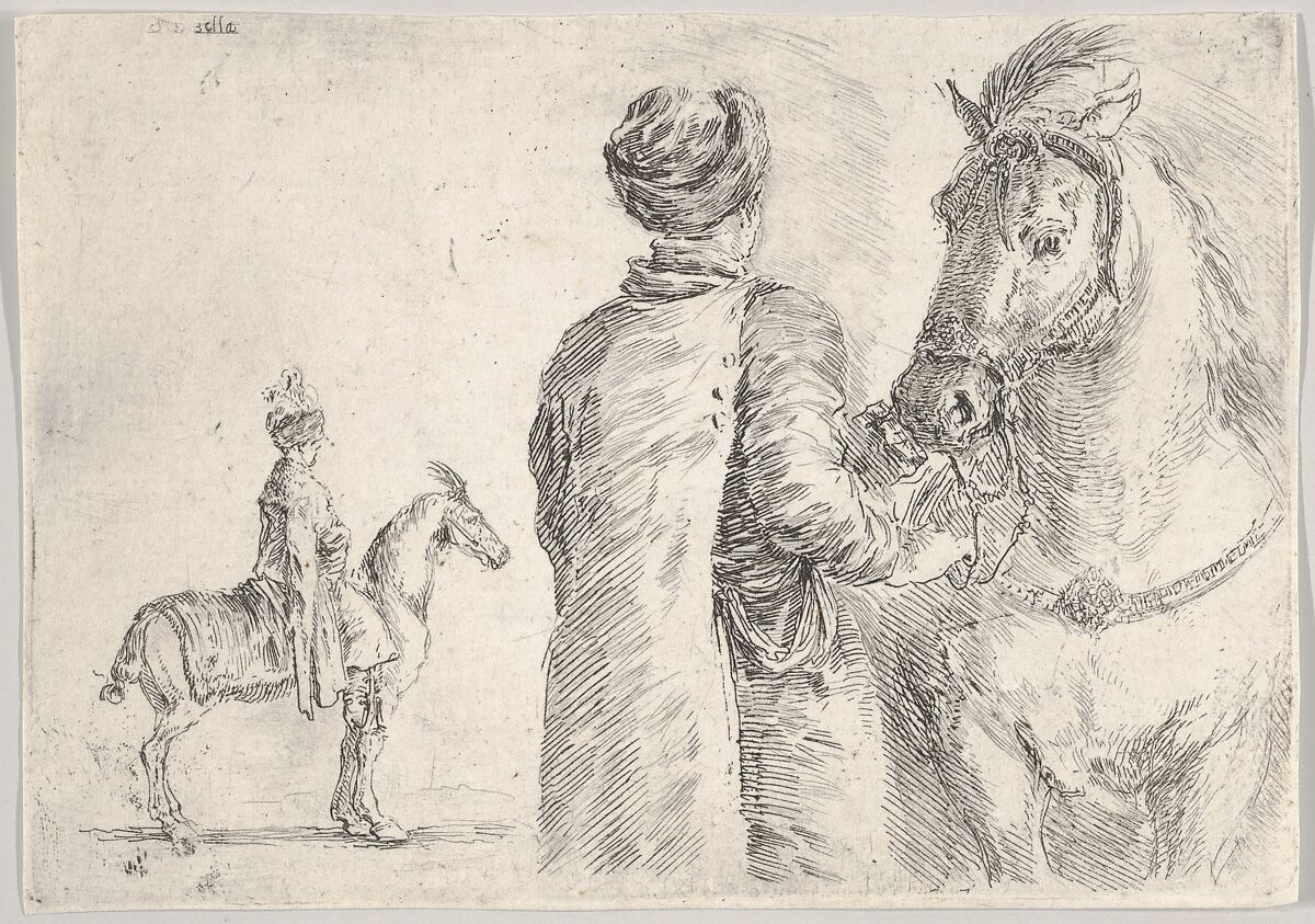 A Polish valet, seen from behind, holding the bridle of a horse to right, a Polish horseman in profile to left in the background, Stefano della Bella (Italian, Florence 1610–1664 Florence), Etching 