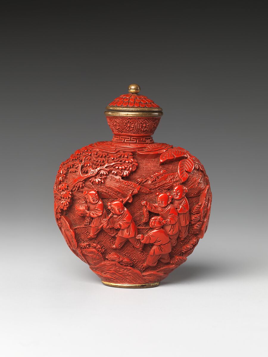 Snuff Bottle with Children at Play, Carved lacquer, China 