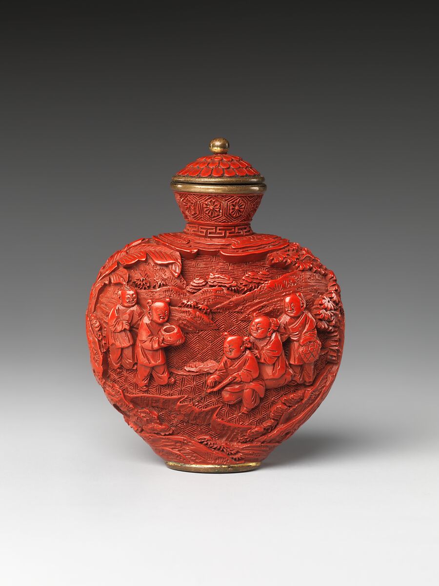 Snuff Bottle with Children at Play, Carved lacquer, China