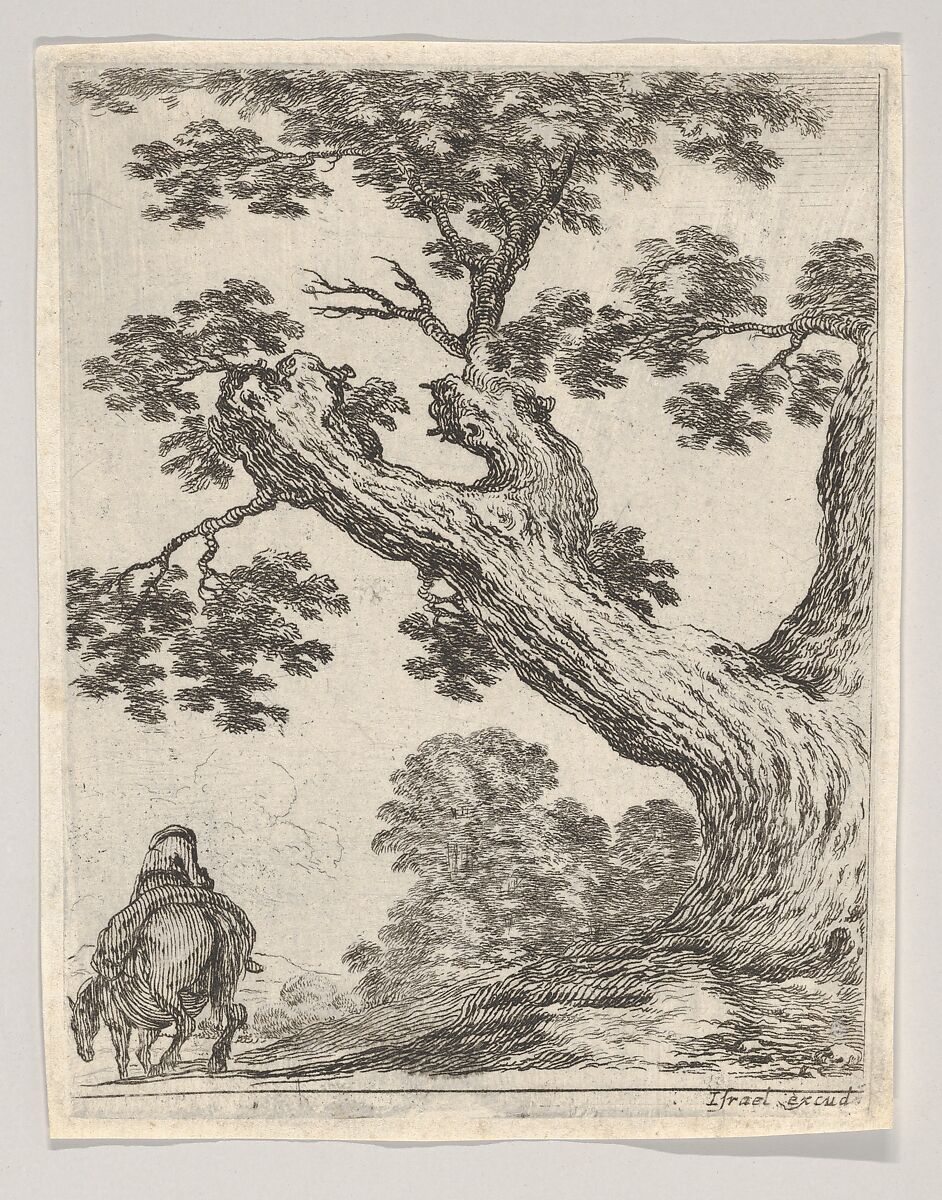 Plate 18: a large tree at right, a man on horseback at left, seen from behind riding towards the left, from 'Various figures and doodles' (Diverses figures et griffonnemens), Stefano della Bella (Italian, Florence 1610–1664 Florence), Etching 