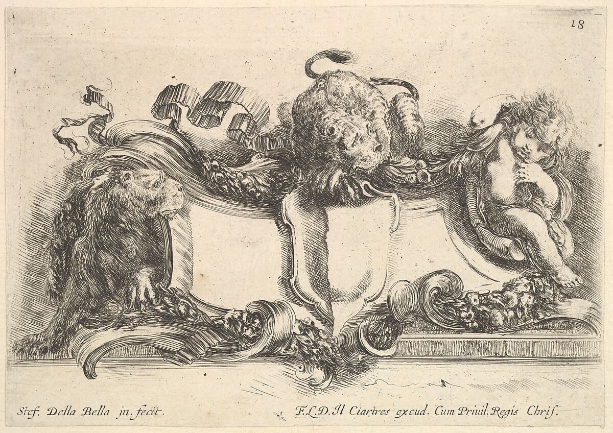 Plate 18: a cartouche containing an empty crest, two lionesses, one to left and one in center, an infant to right, from 'Collection of various caprices and new inventions of cards and ornaments' (Raccolta di varii cappriccii et nove inventioni di cartelle et ornamenti), Stefano della Bella (Italian, Florence 1610–1664 Florence), Etching 