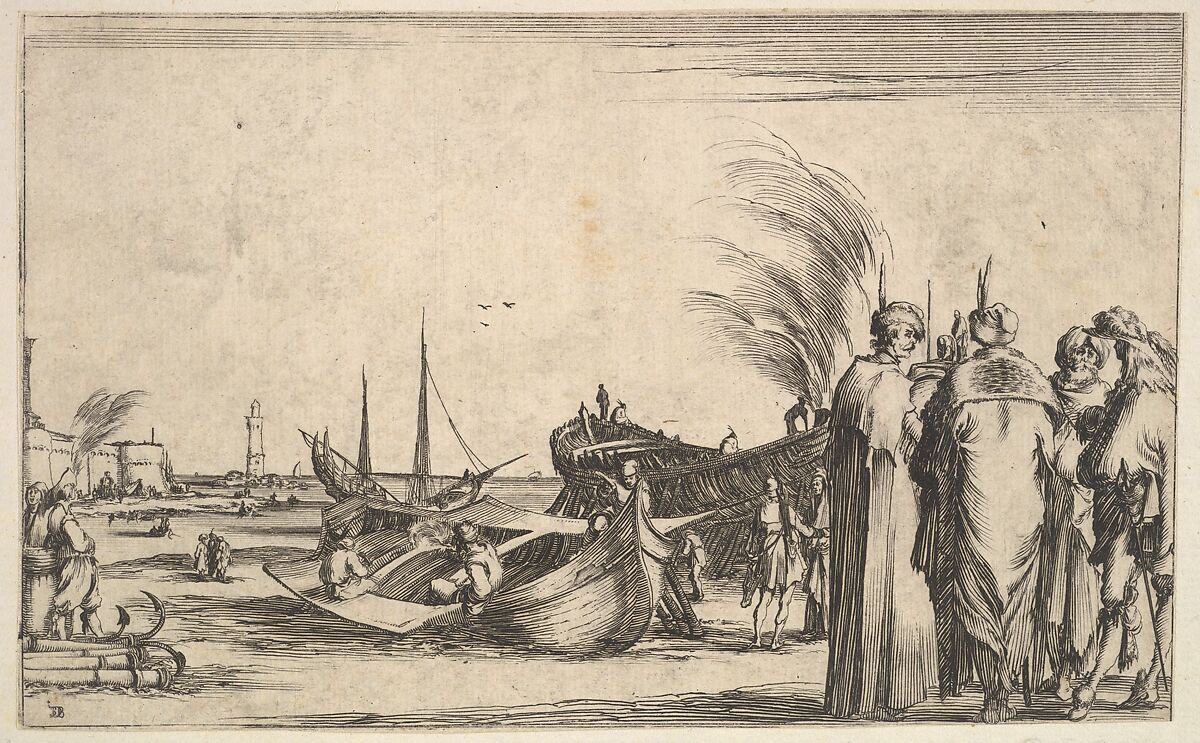 Three Turks and an Italian gentleman standing to right, men work on small boats in center, a fortress to left in the background, from 'Set of eight nautical landscapes' (Suite de huit Marines), Stefano della Bella (Italian, Florence 1610–1664 Florence), Etching 