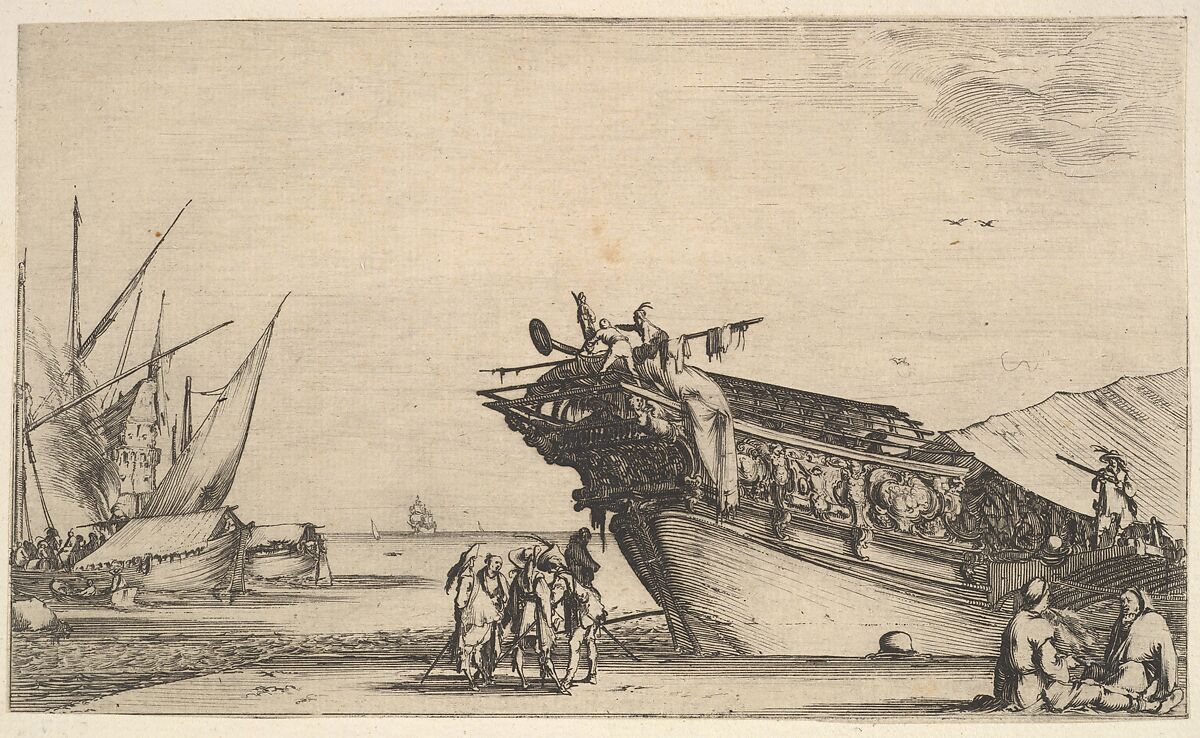 Two men sitting to right, one man is smoking, five men standing in center, the bow of a ship on shore to right, two other ships to left in the background, from 'Set of eight nautical landscapes' (Suite de huit Marines), Stefano della Bella (Italian, Florence 1610–1664 Florence), Etching 