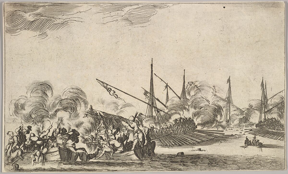 Combat between several rowboats and ships, two groups of men in rowboats fighting to left, two ships full of combatants to right, other ships and clouds of smoke in the background, from 'Set of eight nautical landscapes' (Suite de huit Marines), Stefano della Bella (Italian, Florence 1610–1664 Florence), Etching 
