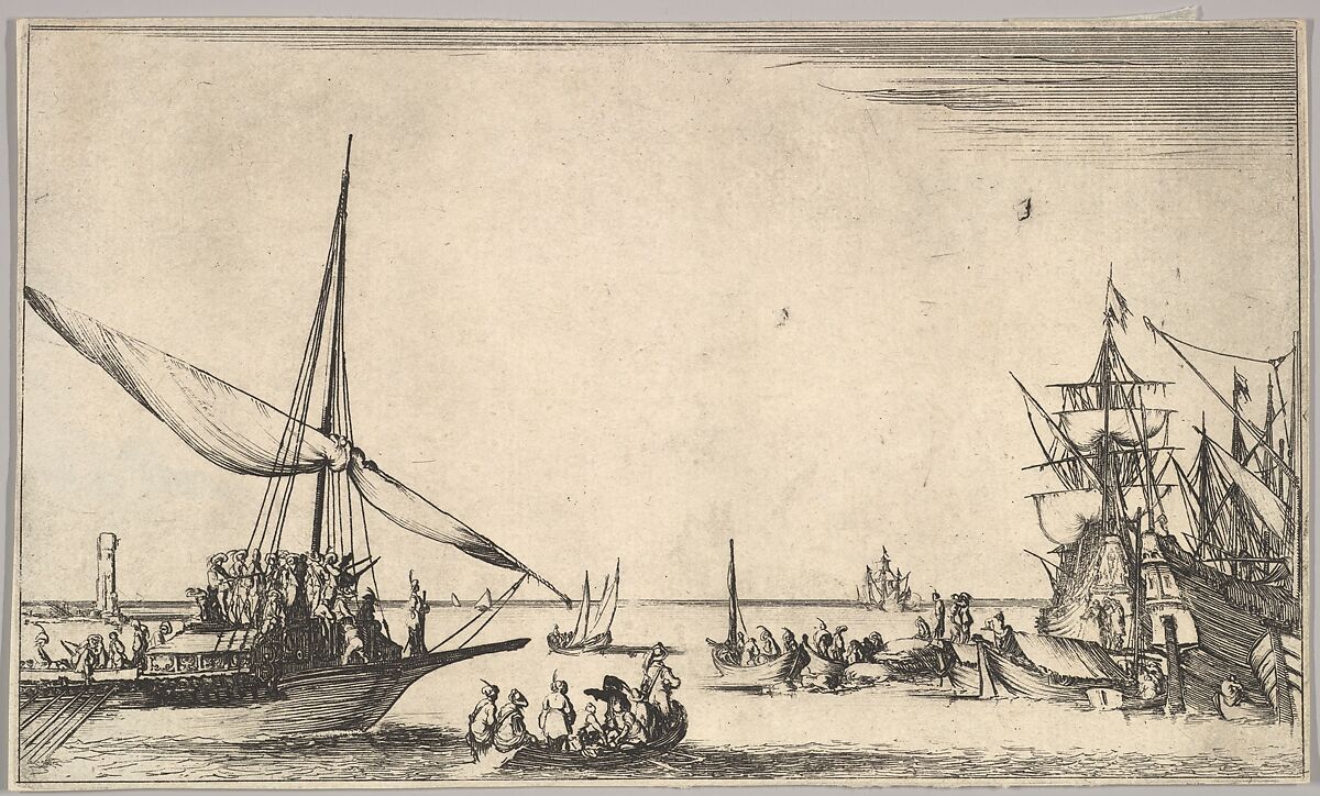 A galley arriving at port to left, several rowboats in center, ships at port to right, from 'Set of eight nautical landscapes' (Suite de huit Marines), Stefano della Bella (Italian, Florence 1610–1664 Florence), Etching 