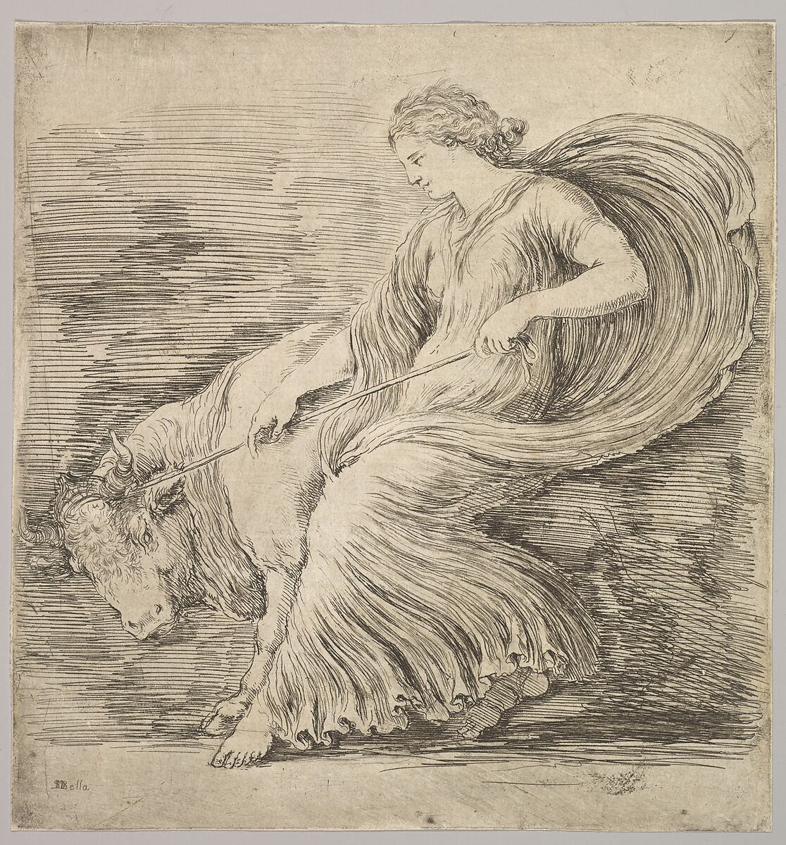A woman in profile pulling back on a rope tied around the horns of a young bull, Stefano della Bella (Italian, Florence 1610–1664 Florence), Etching; first state of two 