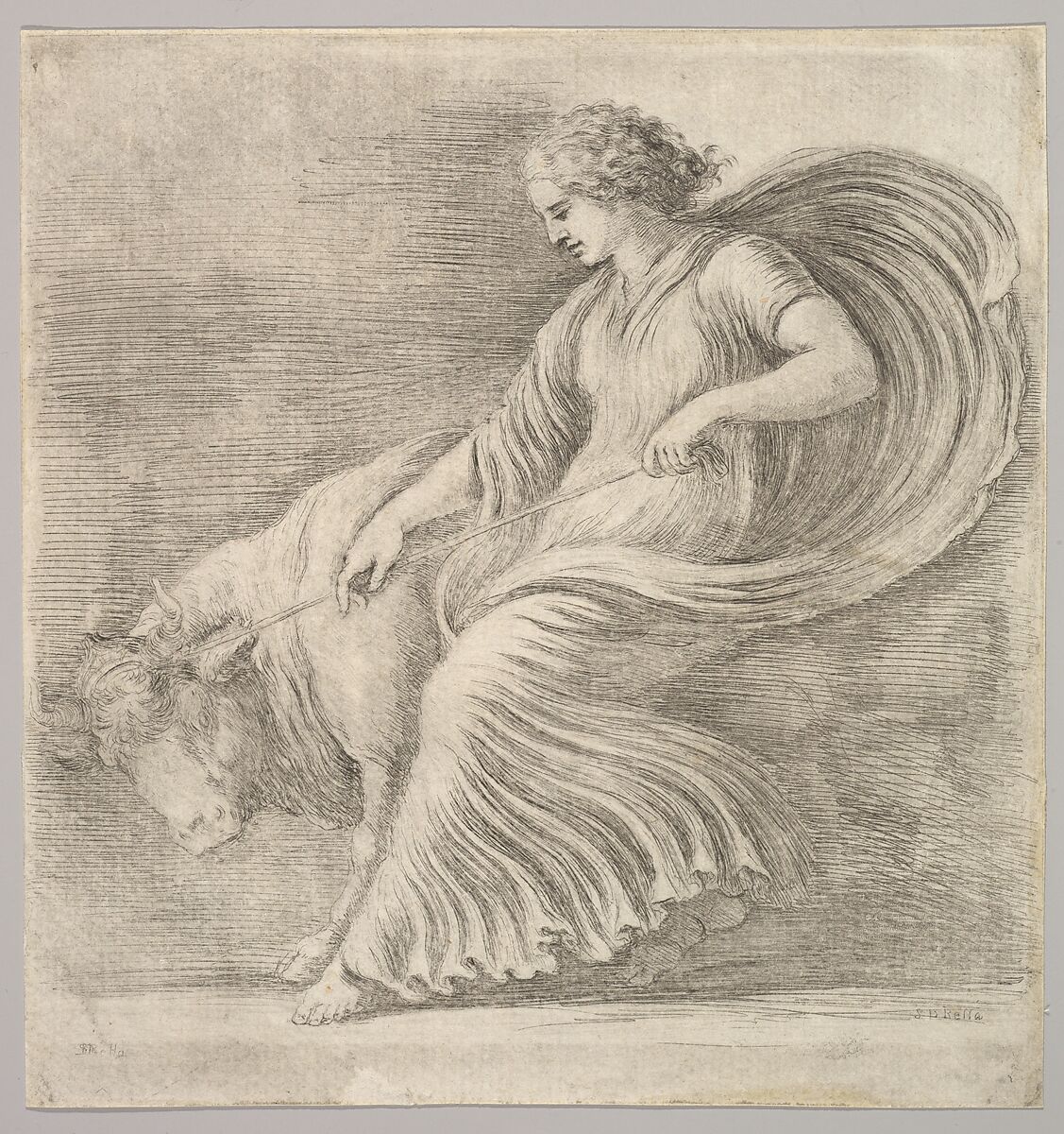 A woman in profile pulling back on a rope tied around the horns of a young bull, Stefano della Bella (Italian, Florence 1610–1664 Florence), Etching; second state of two 