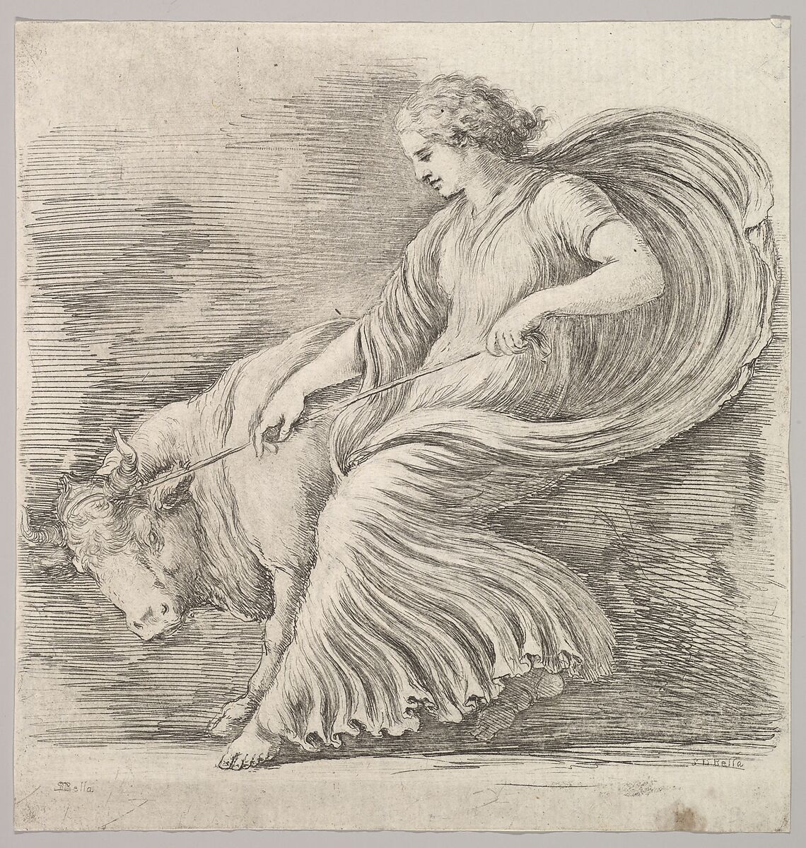 A woman in profile pulling back on a rope tied around the horns of a young bull, Stefano della Bella (Italian, Florence 1610–1664 Florence), Etching; second state of two 