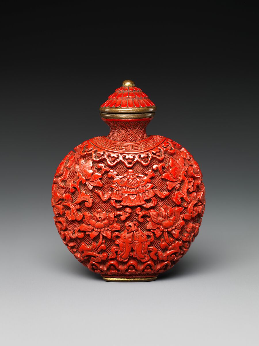 Snuff bottle with Buddhist emblems, Carved red lacquer, China