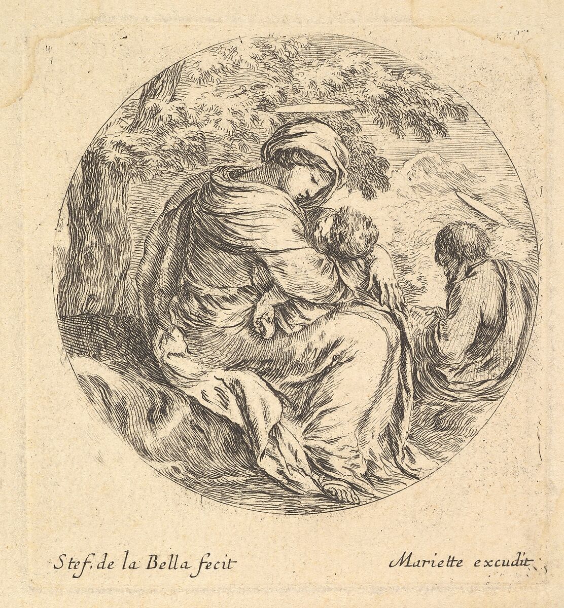 Rest on the Flight into Egypt, a round composition, Stefano della Bella (Italian, Florence 1610–1664 Florence), Etching; second state of two 