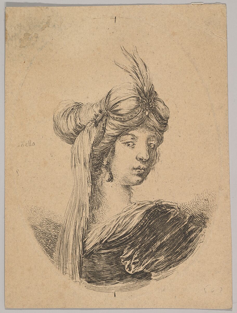 A woman wearing an ornate turban with a veil, seen from behind and turned three-quarters to the right, an oval composition, from 'Several heads in the Persian style' (Plusieurs têtes coiffées à la persienne), Stefano della Bella (Italian, Florence 1610–1664 Florence), Etching; second state of two 