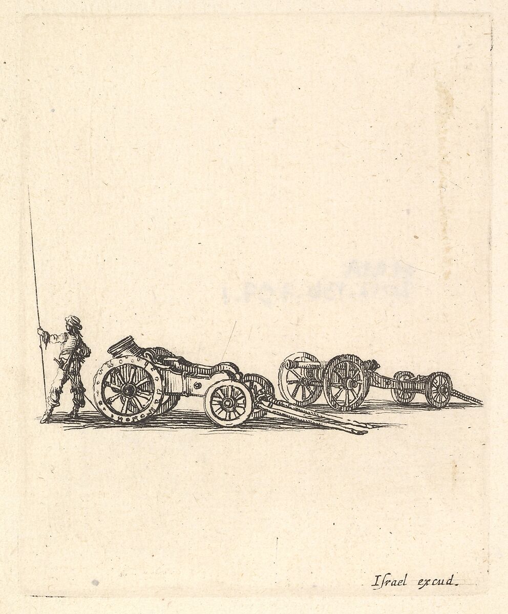 A mortar and a cannon, both mounted on carriages, a soldier shown from the back stands to the left, from 'Equipment needed for Fortification' (Recueil de diverses pièces très nécessaires à la fortification), Stefano della Bella (Italian, Florence 1610–1664 Florence), Etching 