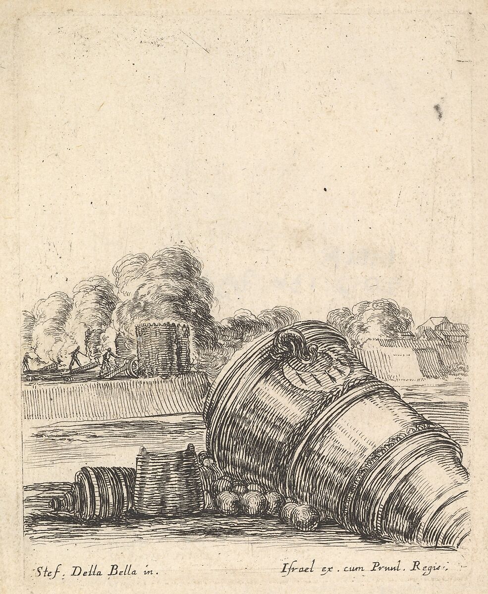 A mortar without a carriage lying on the ground to the right, soldiers firing cannons creating clouds of smoke in the background, from 'Equipment needed for Fortification' (Recueil de diverses pièces très nécessaires à la fortification), Stefano della Bella (Italian, Florence 1610–1664 Florence), Etching 