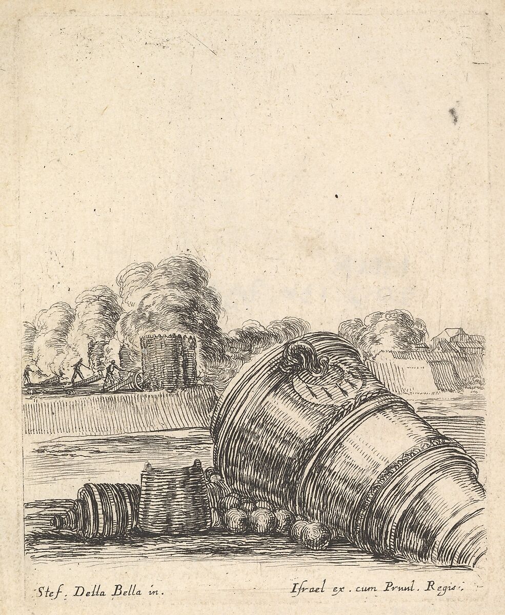 A mortar without a carriage lying on the ground to the right, soldiers firing cannons creating clouds of smoke in the background, from "Equipment needed for Fortification" (Recueil de diverses pièces très nécessaires à la fortification), Stefano della Bella (Italian, Florence 1610–1664 Florence), Etching 