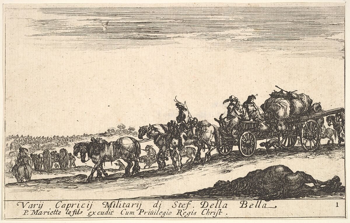 Plate 1: A horse drawn cart carrying people and goods, dead horse in the foreground, from 'Various Military Caprices' (Varii capricci militari), Stefano della Bella (Italian, Florence 1610–1664 Florence), Etching 